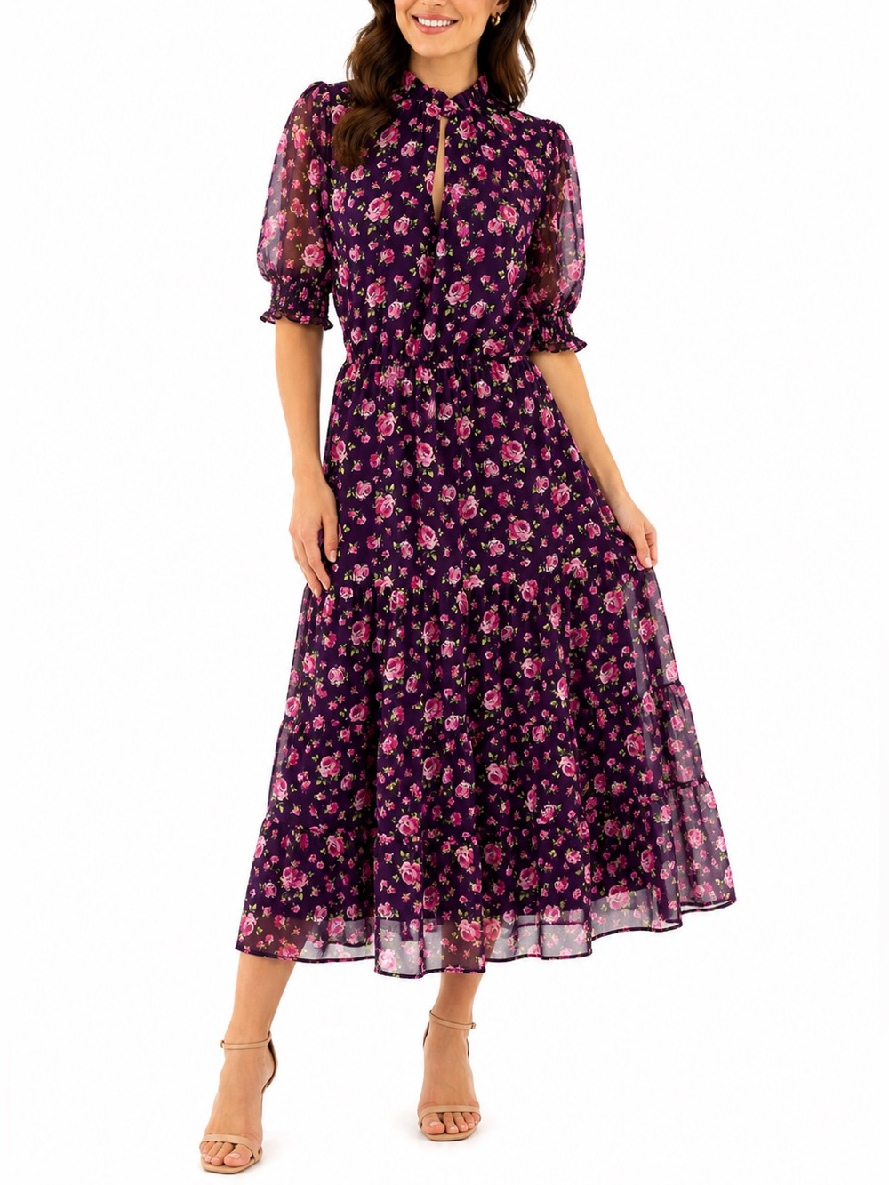 Betsey Johnson Floral Keyhole Midi Dress in Deep Purple with Pink Roses Small - Picture 11 of 11